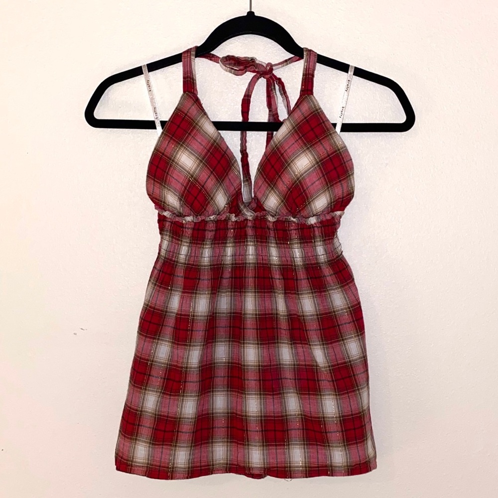 Krafty • Plaid Halterneck Tie Tank Top • Red/Cream